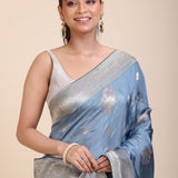 Blue Mushru Silk Banarasi Saree close up
