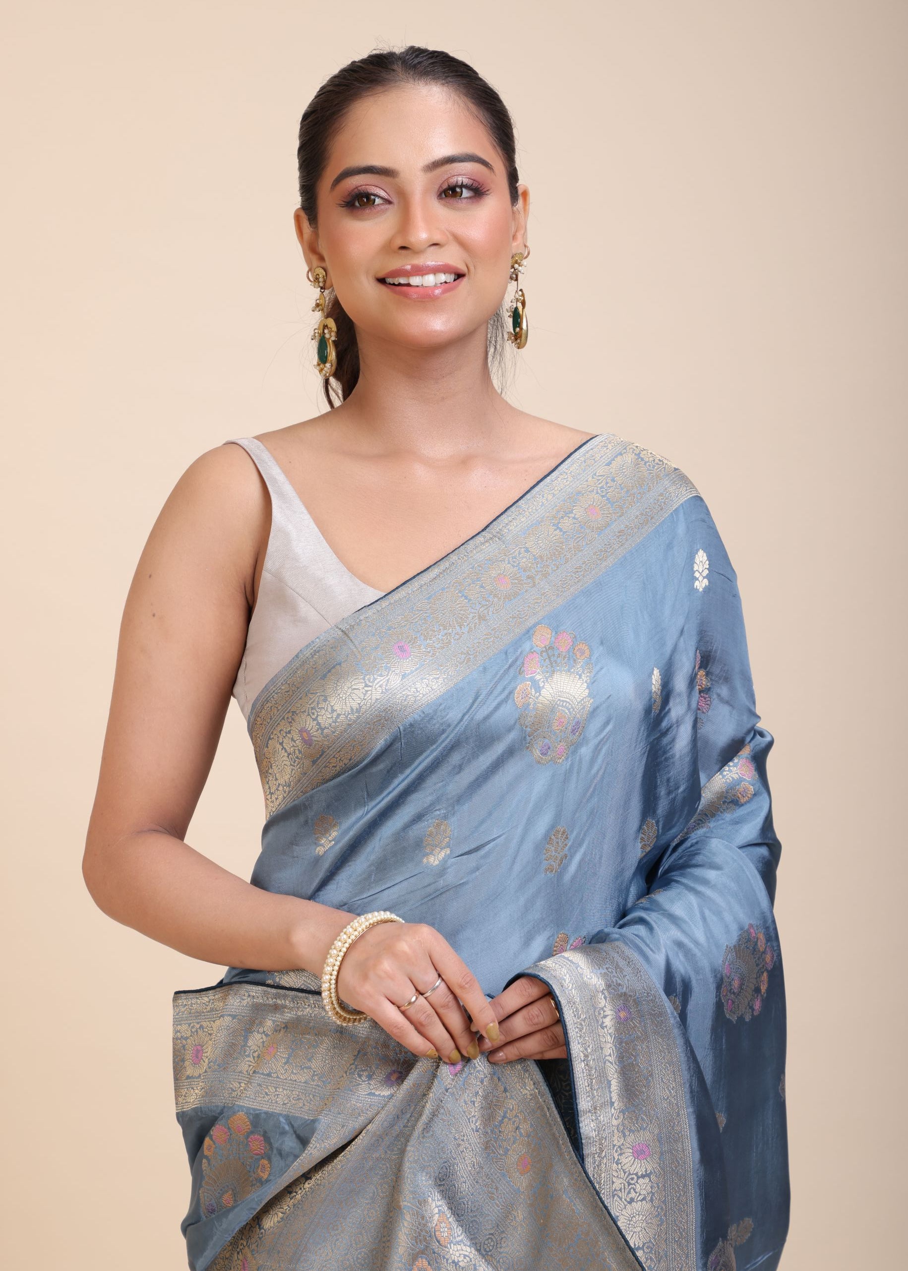 Blue Mushru Silk Banarasi Saree close up