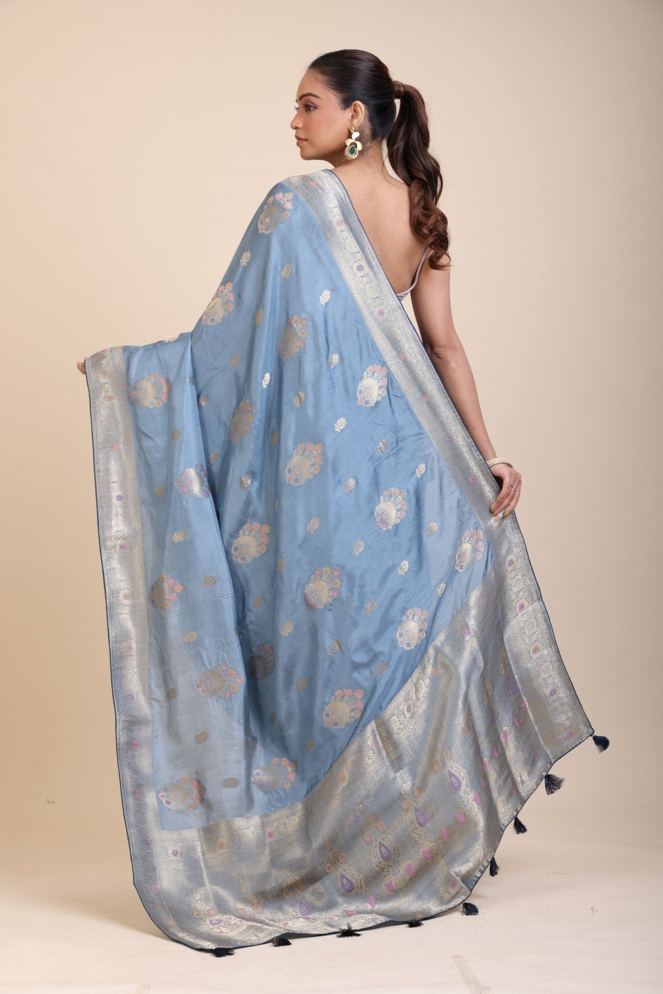 Blue Mushru Silk Banarasi Saree - Anvi Couture