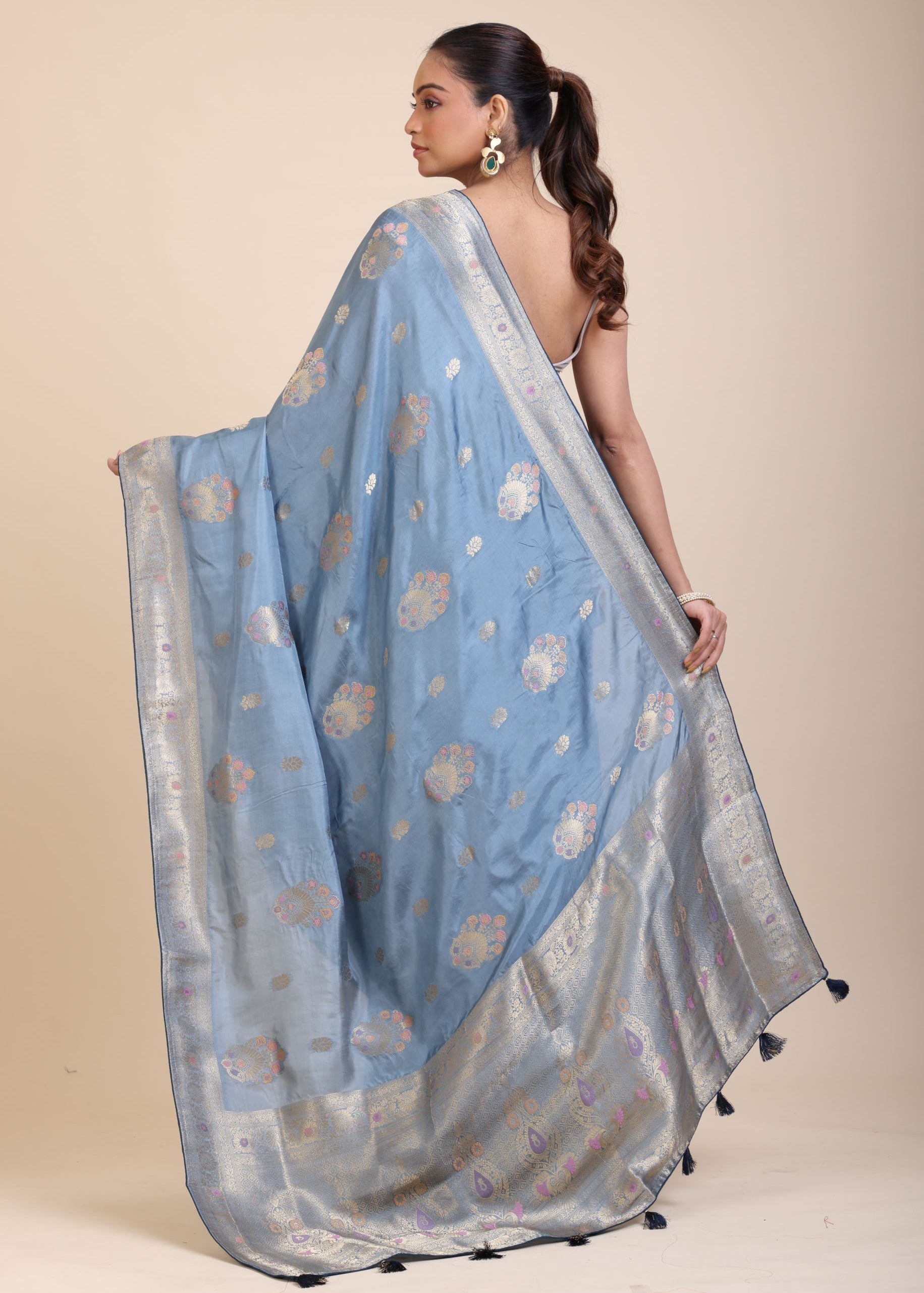 Blue Mushru Silk Banarasi Saree back