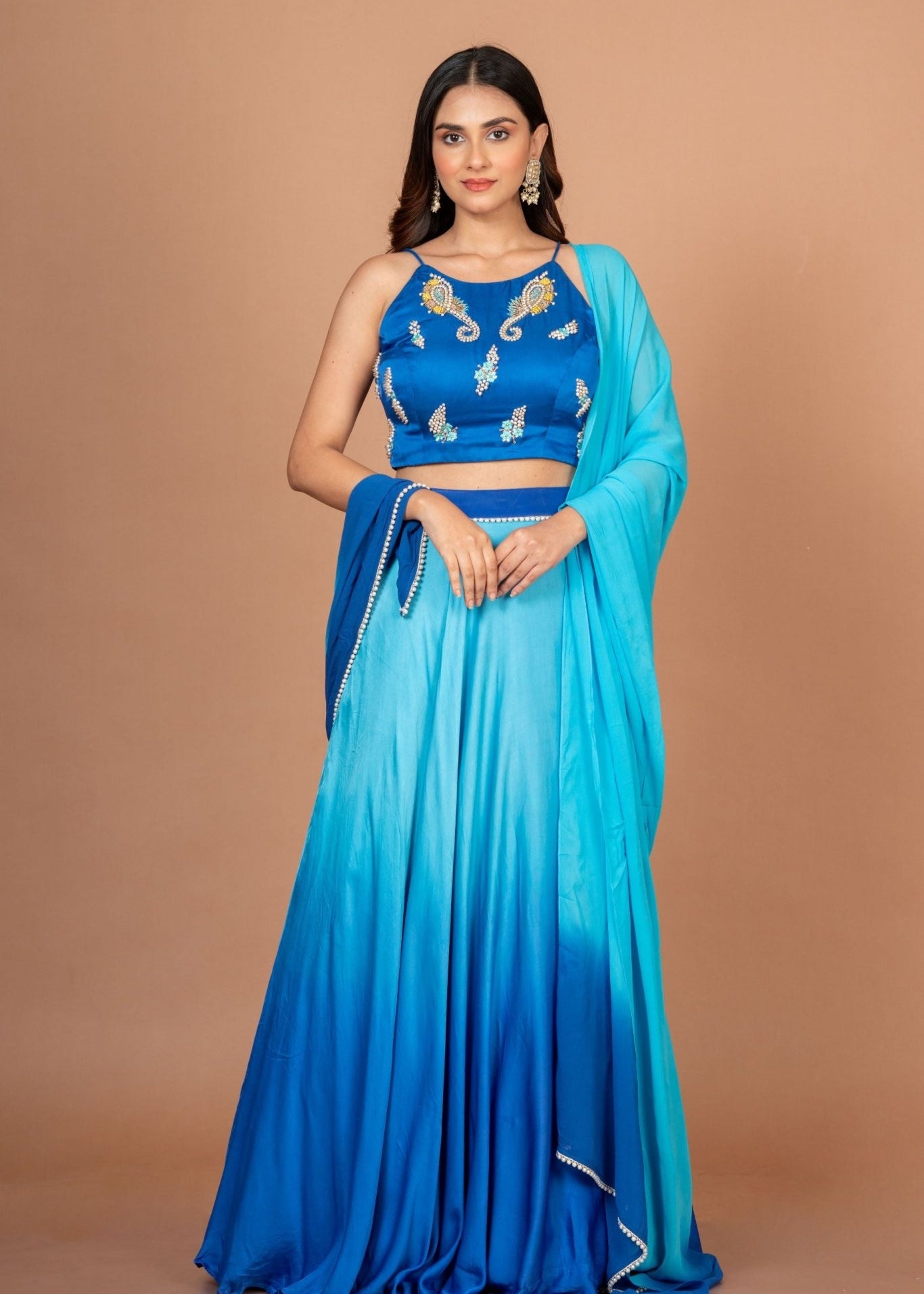 Blue Ombre Embroidered Satin Lehenga - Anvi Couture