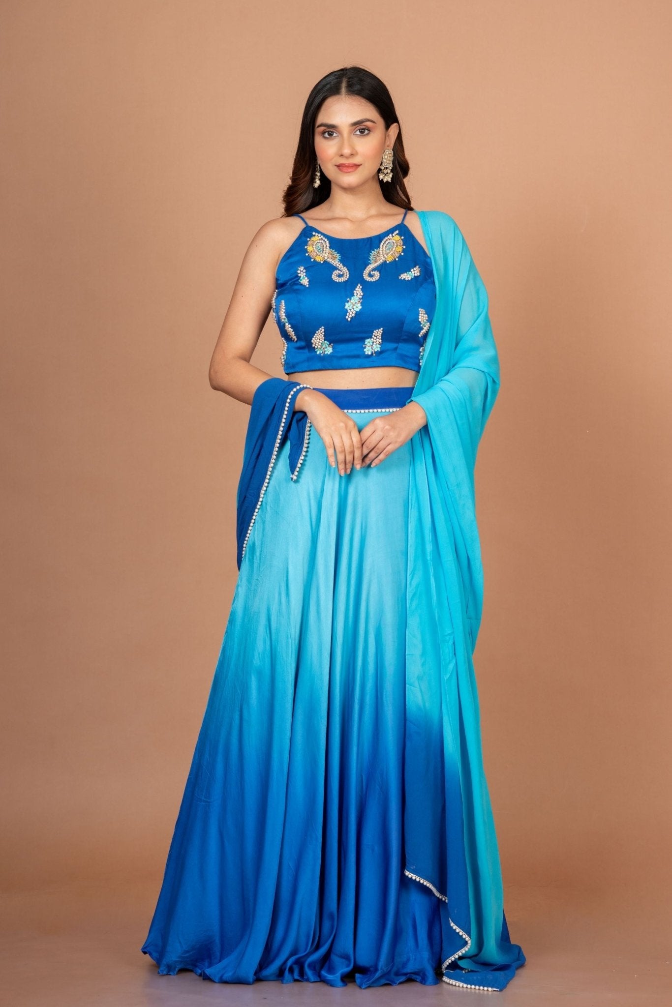 Blue Ombre Embroidered Satin Lehenga - Anvi Couture