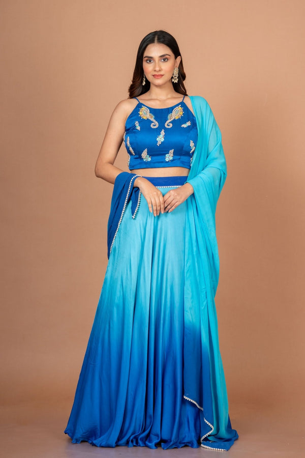 Blue Ombre Embroidered Satin Lehenga - Anvi Couture