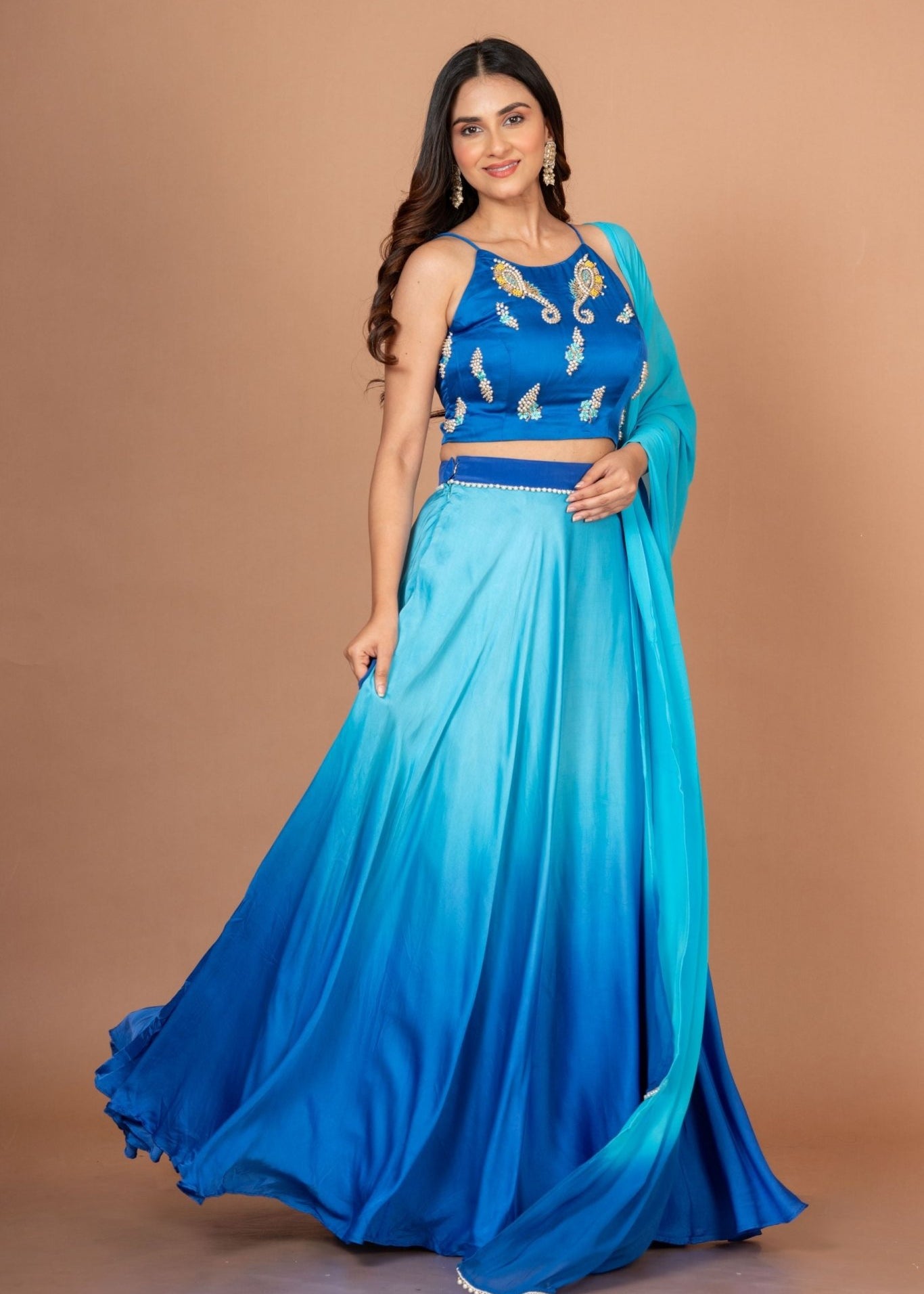 Blue Ombre Embroidered Satin Lehenga - Anvi Couture