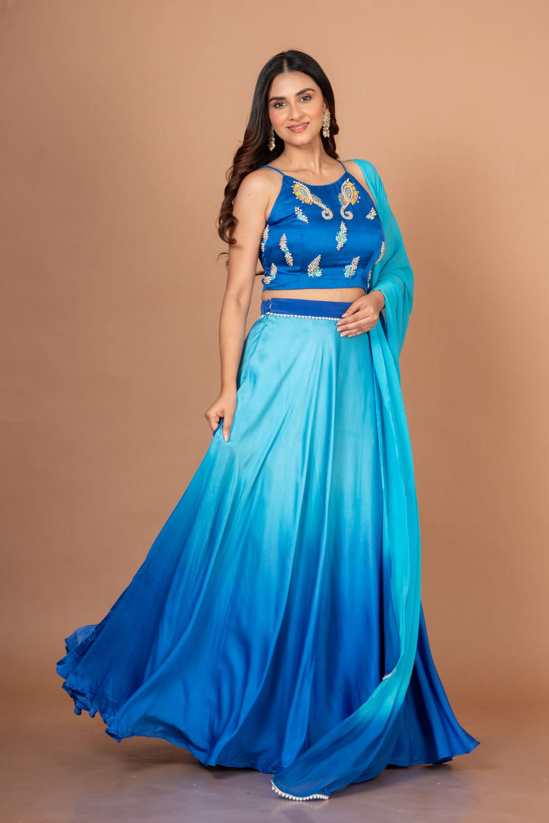 Blue Ombre Embroidered Satin Lehenga Side
