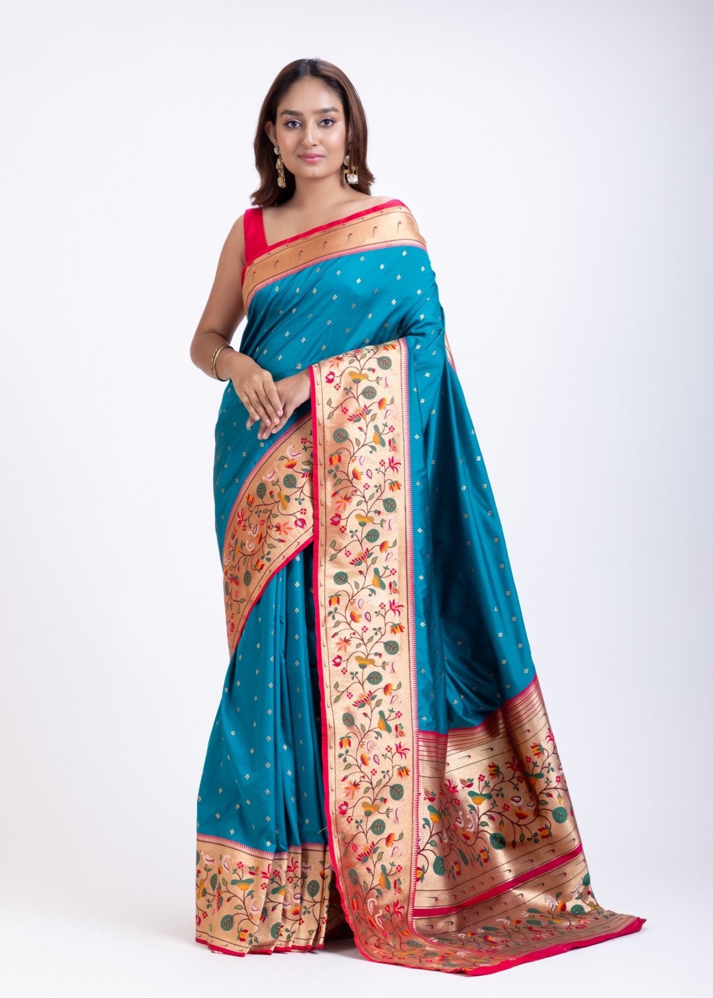 Blue Paithani Saree With Pink Border - Anvi Couture