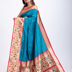 Blue Paithani Saree With Pink Border Front
