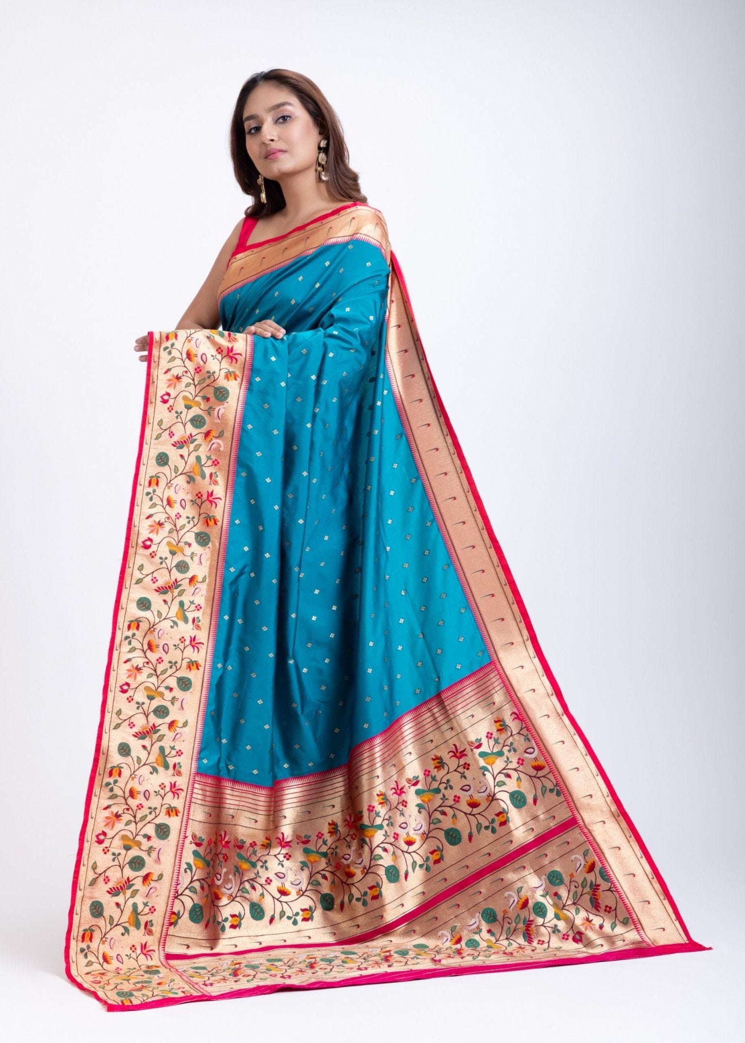 Blue Paithani Saree With Pink Border - Anvi Couture