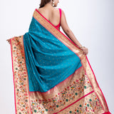 Blue Paithani Saree With Pink Border Back
