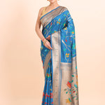 Blue Paithani Silk Saree With Floral Woven full