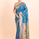 Blue Paithani Silk Saree With Floral Woven full