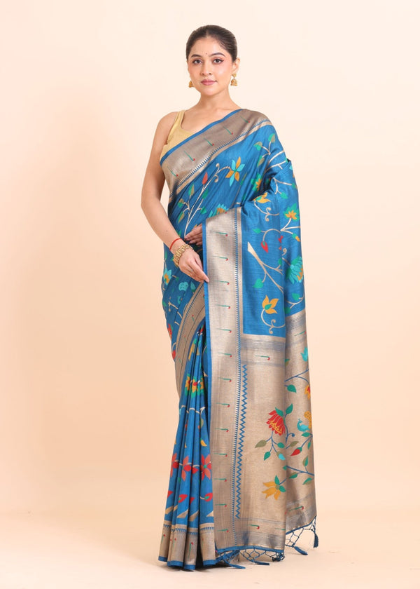 Blue Paithani Silk Saree With Floral Woven - Anvi Couture