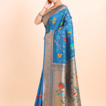 Blue Paithani Silk Saree With Floral Woven front