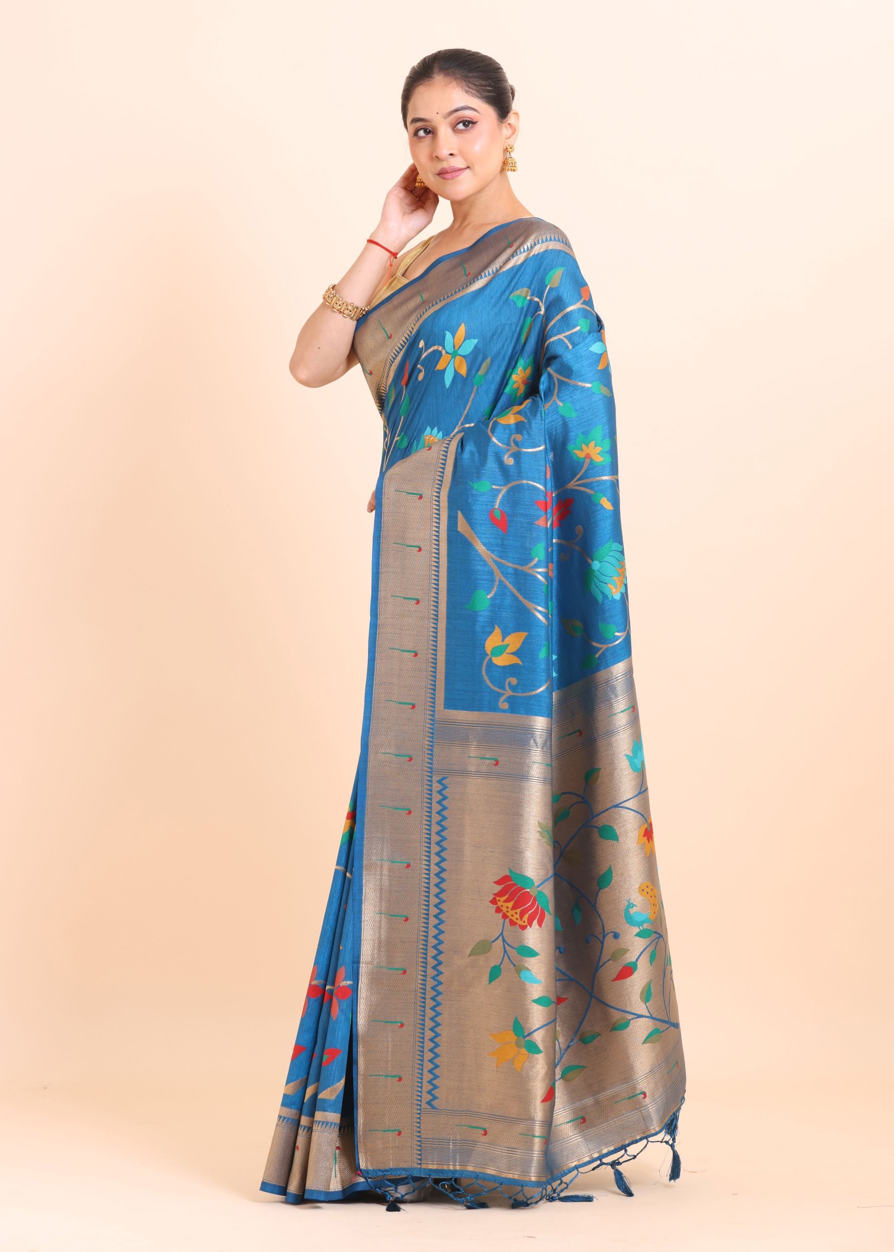 Blue Paithani Silk Saree With Floral Woven front