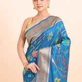 Blue Paithani Silk Saree With Floral Woven close up