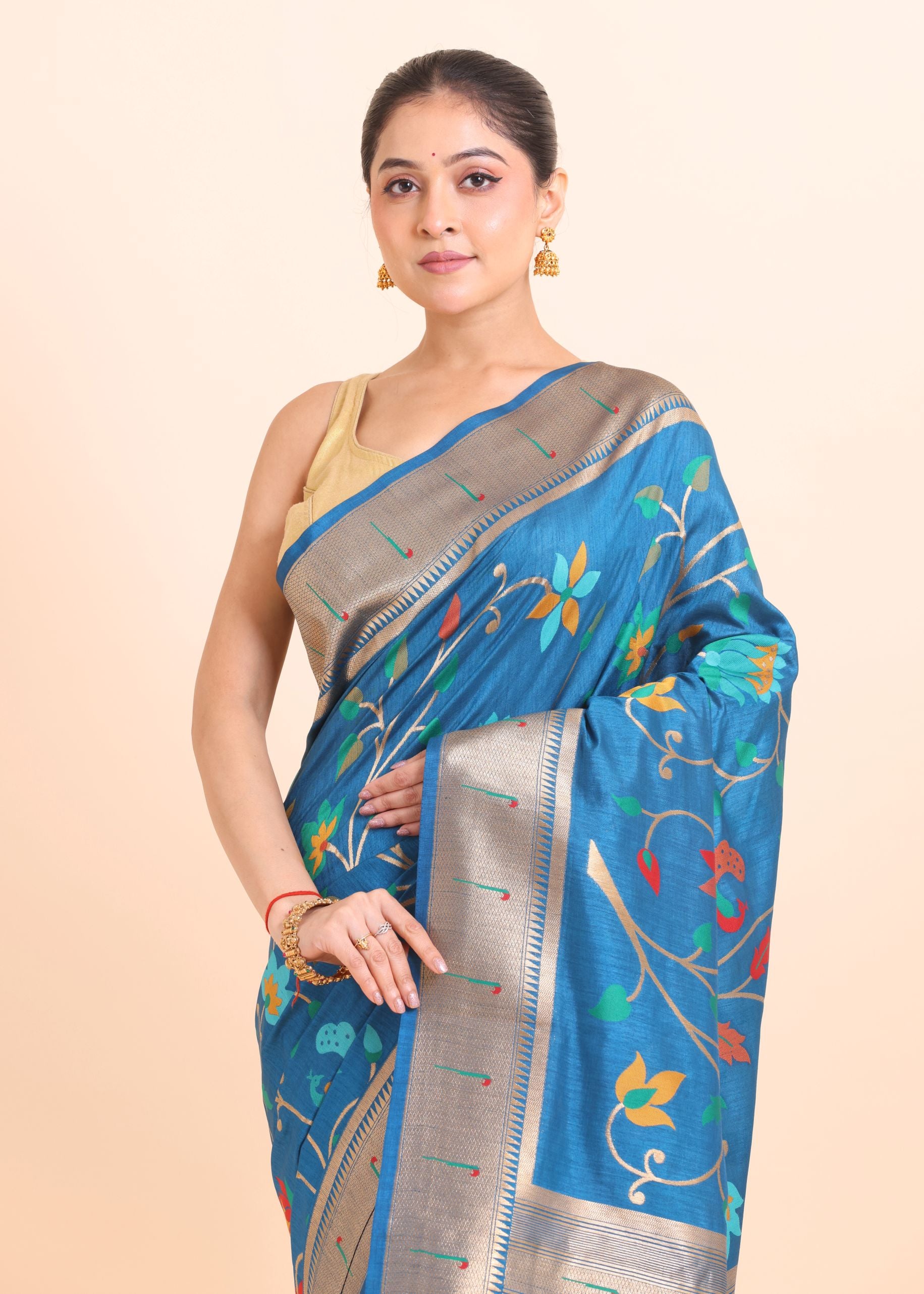 Blue Paithani Silk Saree With Floral Woven close up