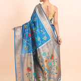 Blue Paithani Silk Saree With Floral Woven back