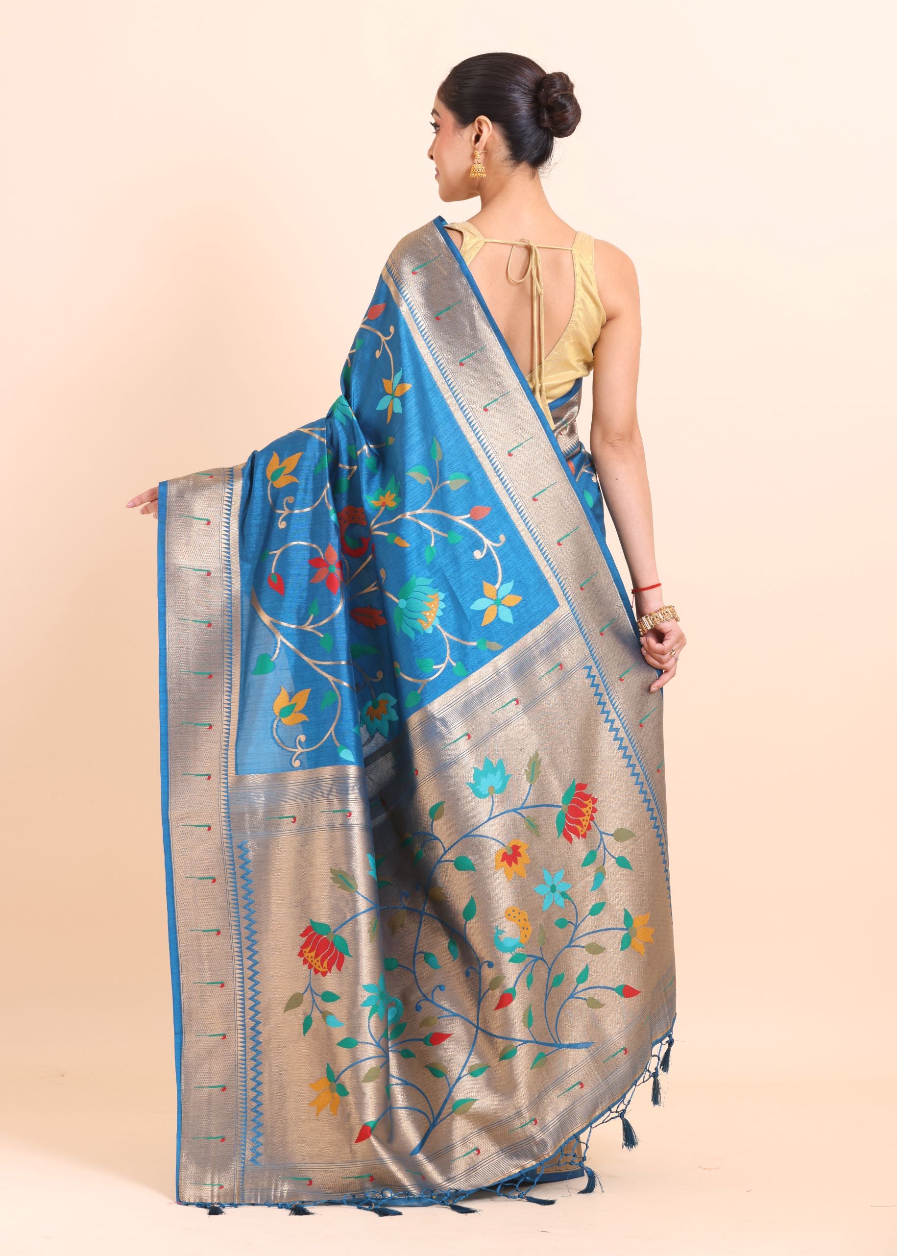 Blue Paithani Silk Saree With Floral Woven back