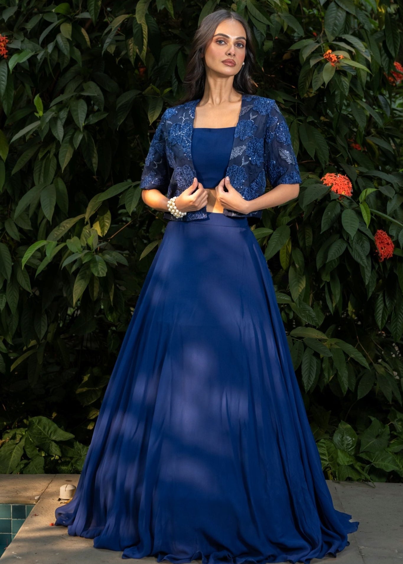 Blue Party Wear Lehenga with Embroidered Jacket - Anvi Couture