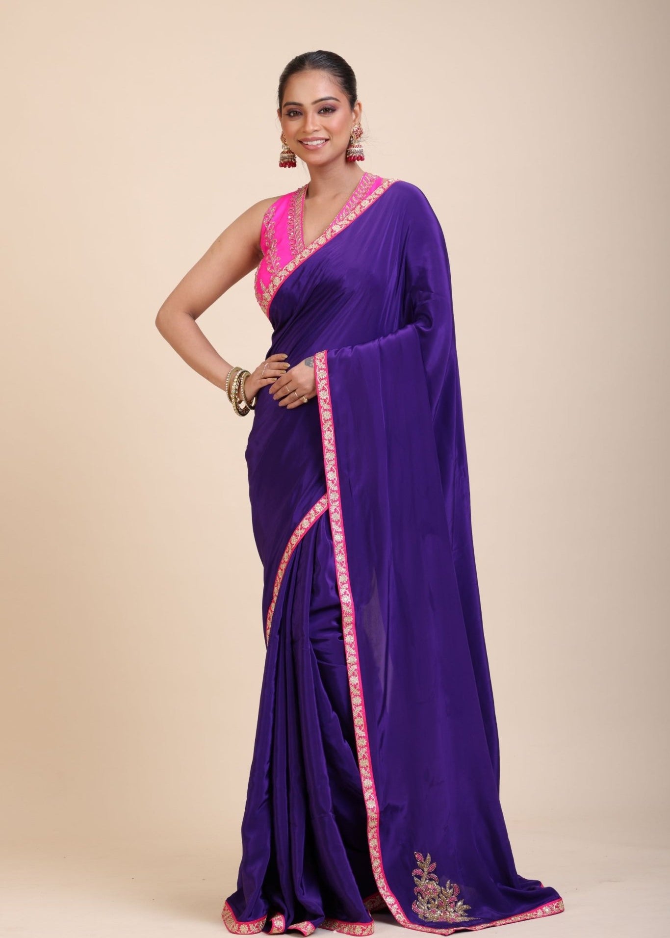 Blue Pink Hand Embroidered Designer Saree - Anvi Couture