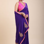 Blue Pink Hand Embroidered Designer Saree front