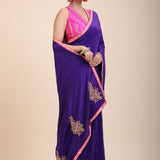 Blue Pink Hand Embroidered Designer Saree front