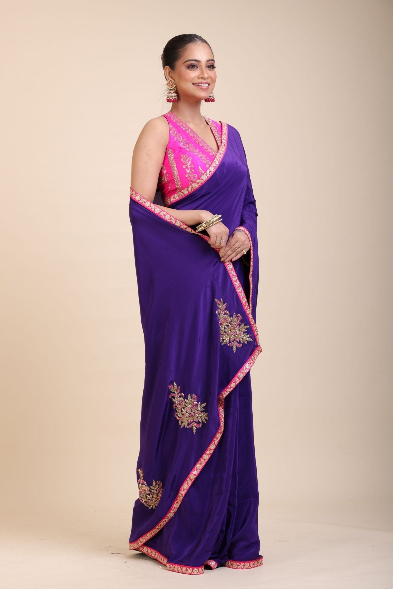 Blue Pink Hand Embroidered Designer Saree - Anvi Couture