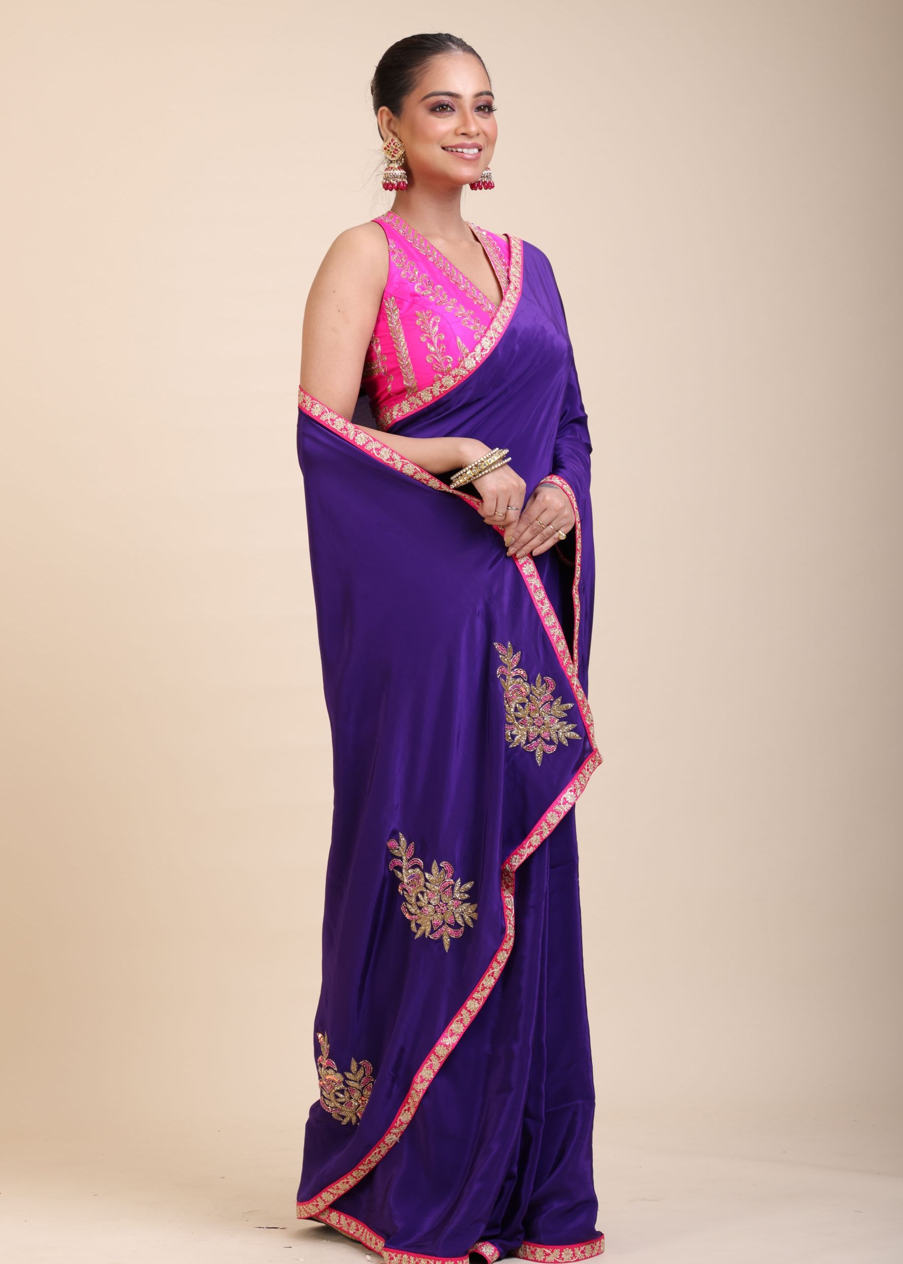 Blue Pink Hand Embroidered Designer Saree front