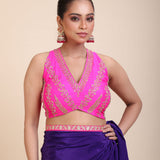 Blue Pink Hand Embroidered Designer Saree close up