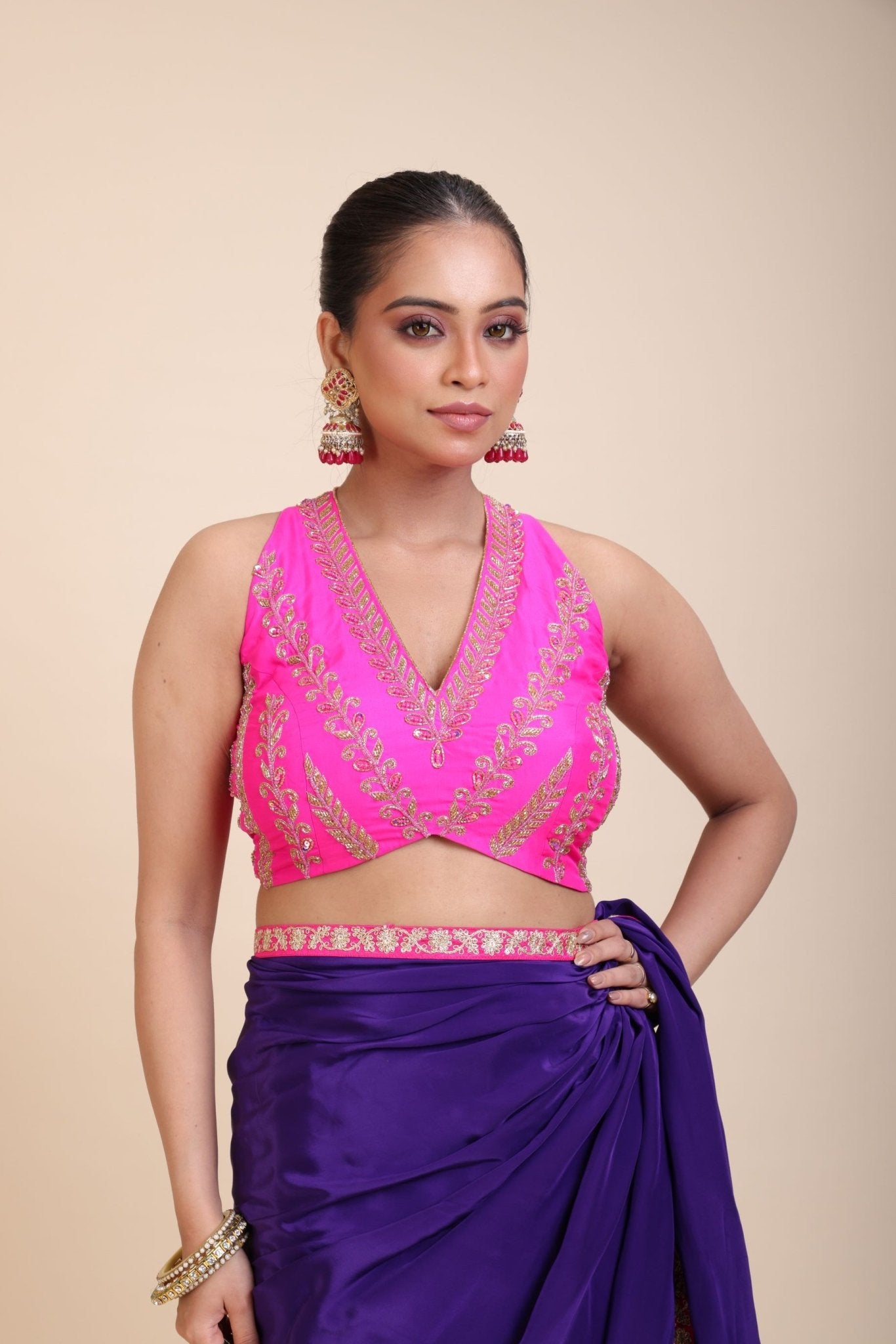 Blue Pink Hand Embroidered Designer Saree - Anvi Couture