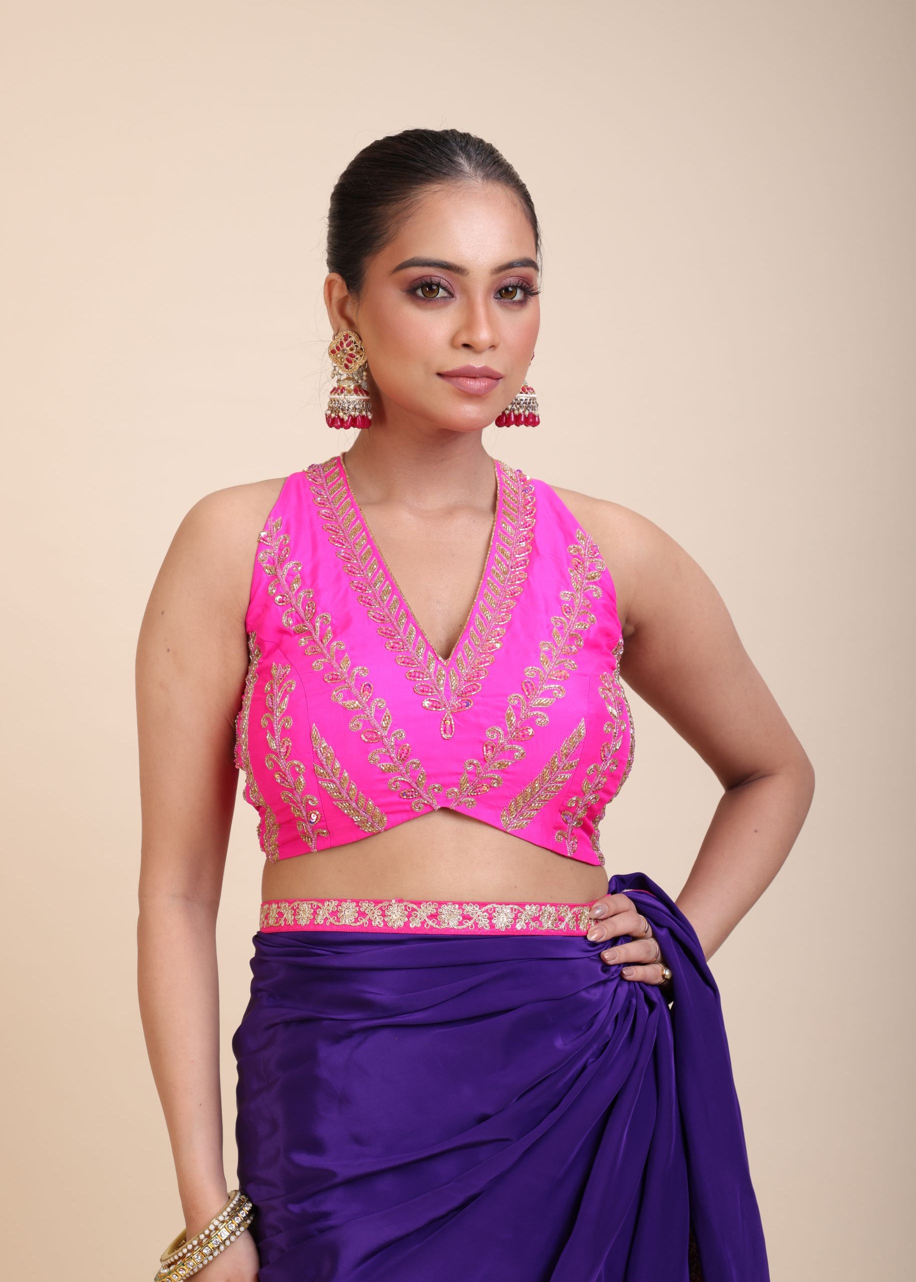 Blue Pink Hand Embroidered Designer Saree close up