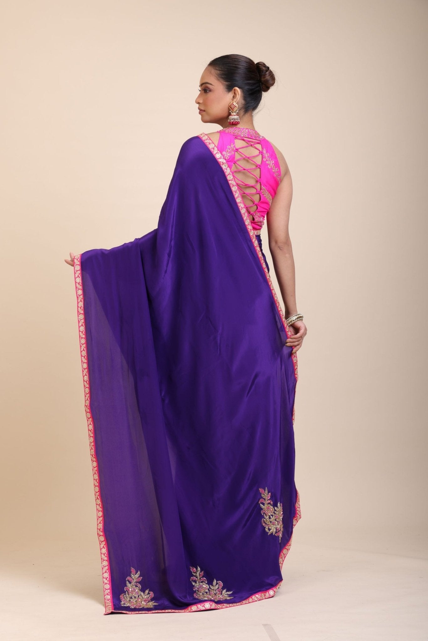Blue Pink Hand Embroidered Designer Saree - Anvi Couture