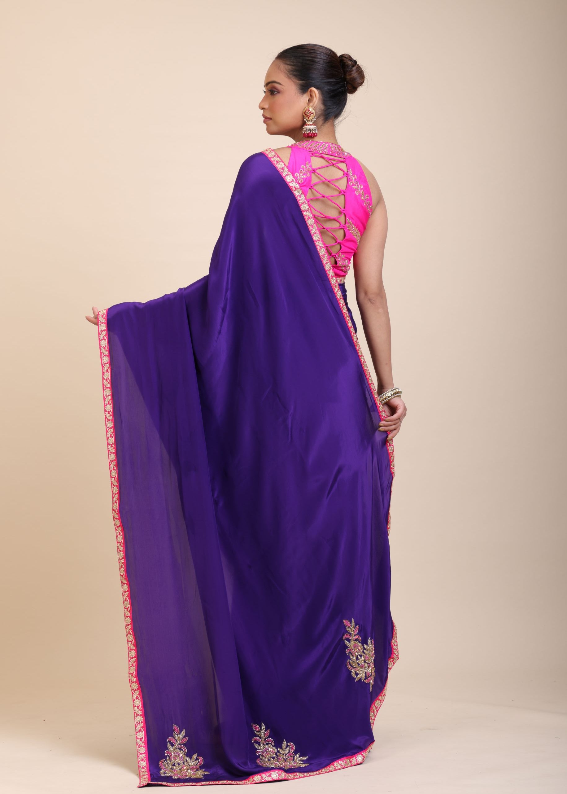 Blue Pink Hand Embroidered Designer Saree back