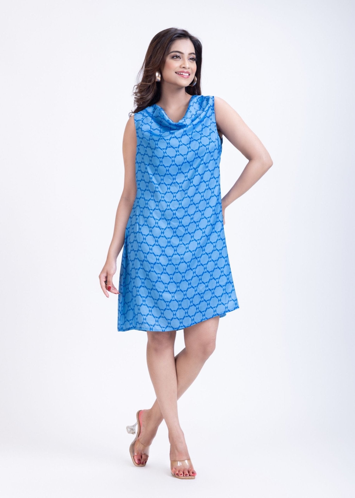 Blue Printed Cowl Neck Dress - Anvi Couture