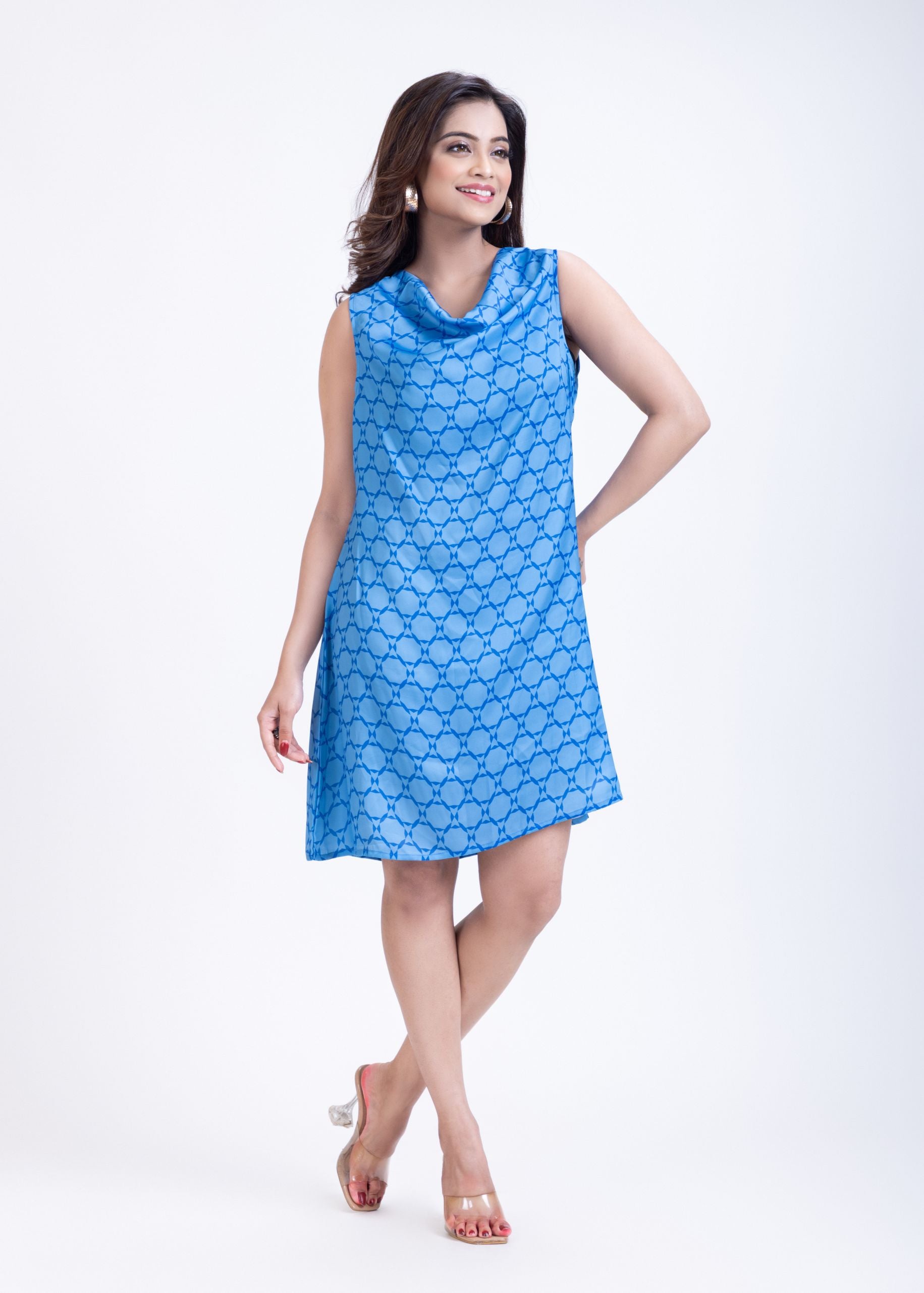 Blue Printed Cowl Neck Dress Full
