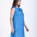 Blue Printed Cowl Neck Dress Side
