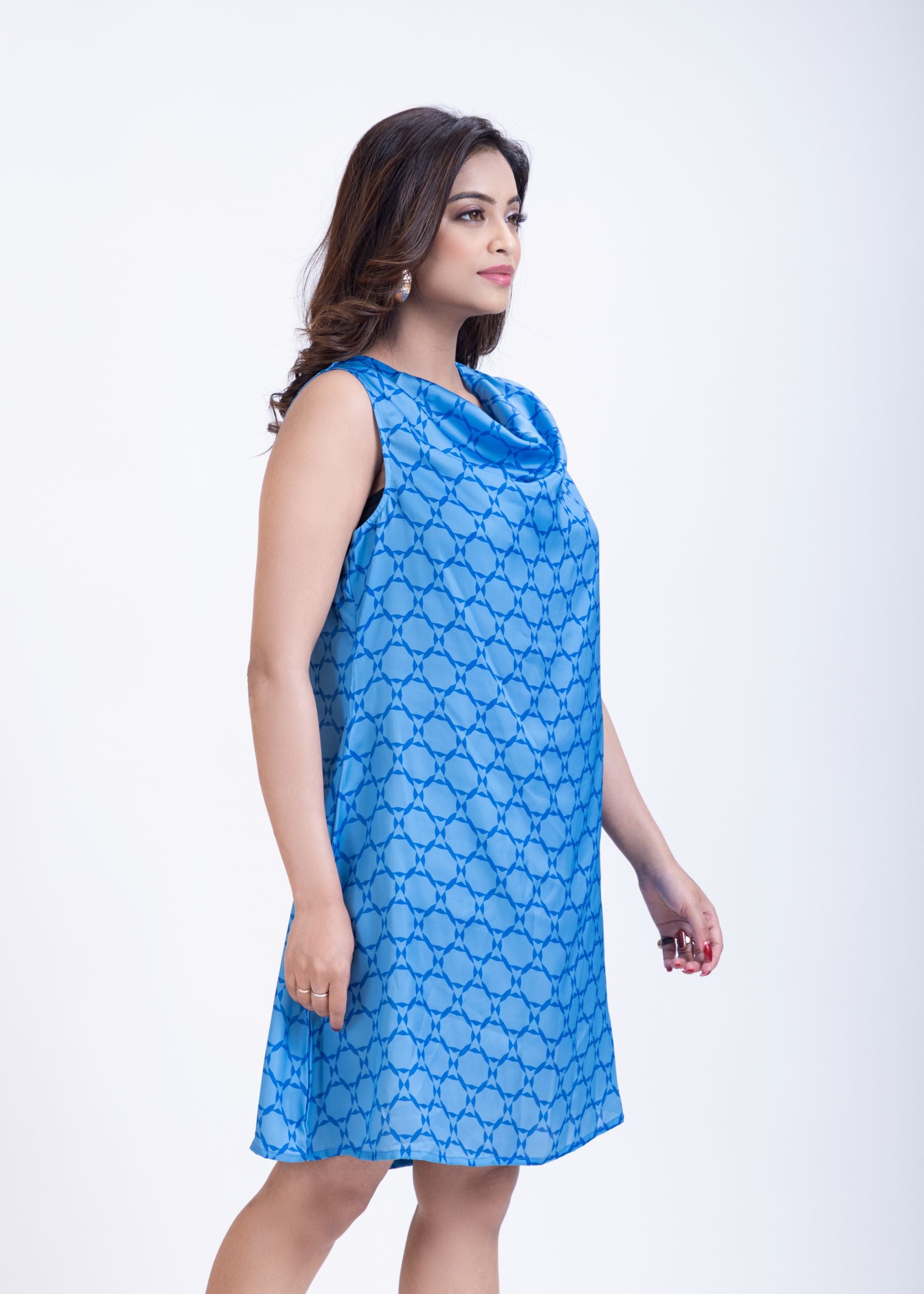 Blue Printed Cowl Neck Dress Side
