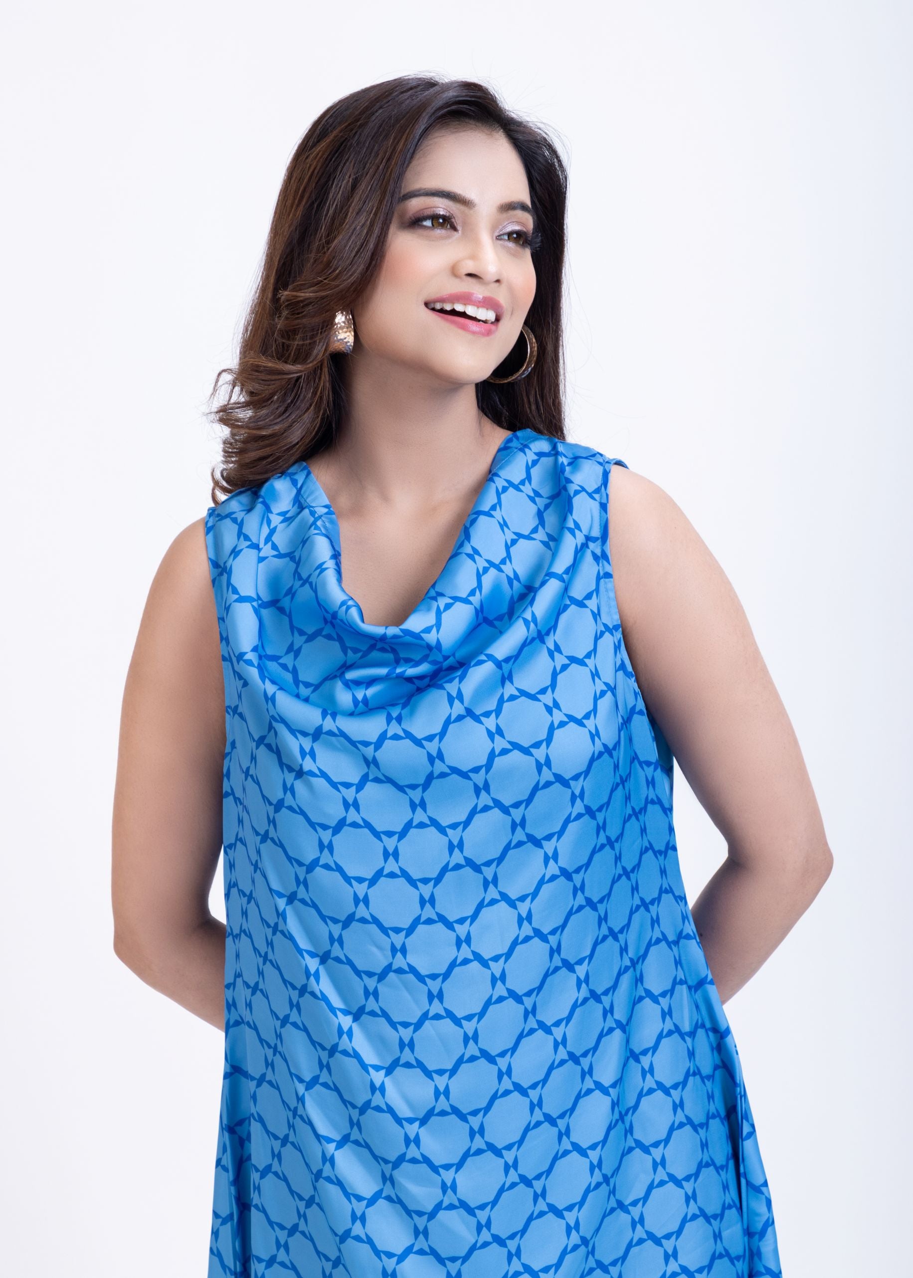 Blue Printed Cowl Neck Dress Close Up
