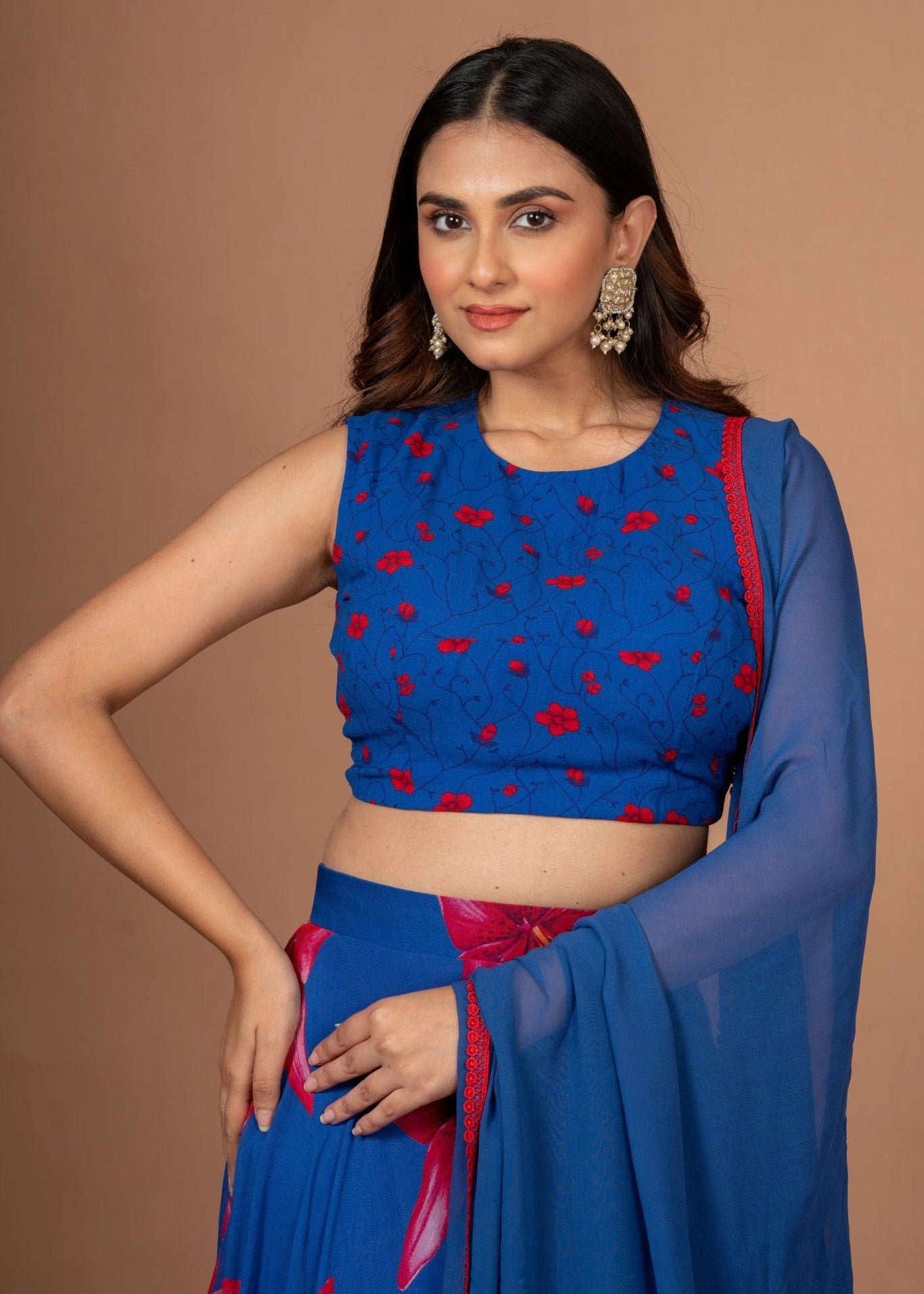 Blue Printed Georgette Lehenga Set - Anvi Couture