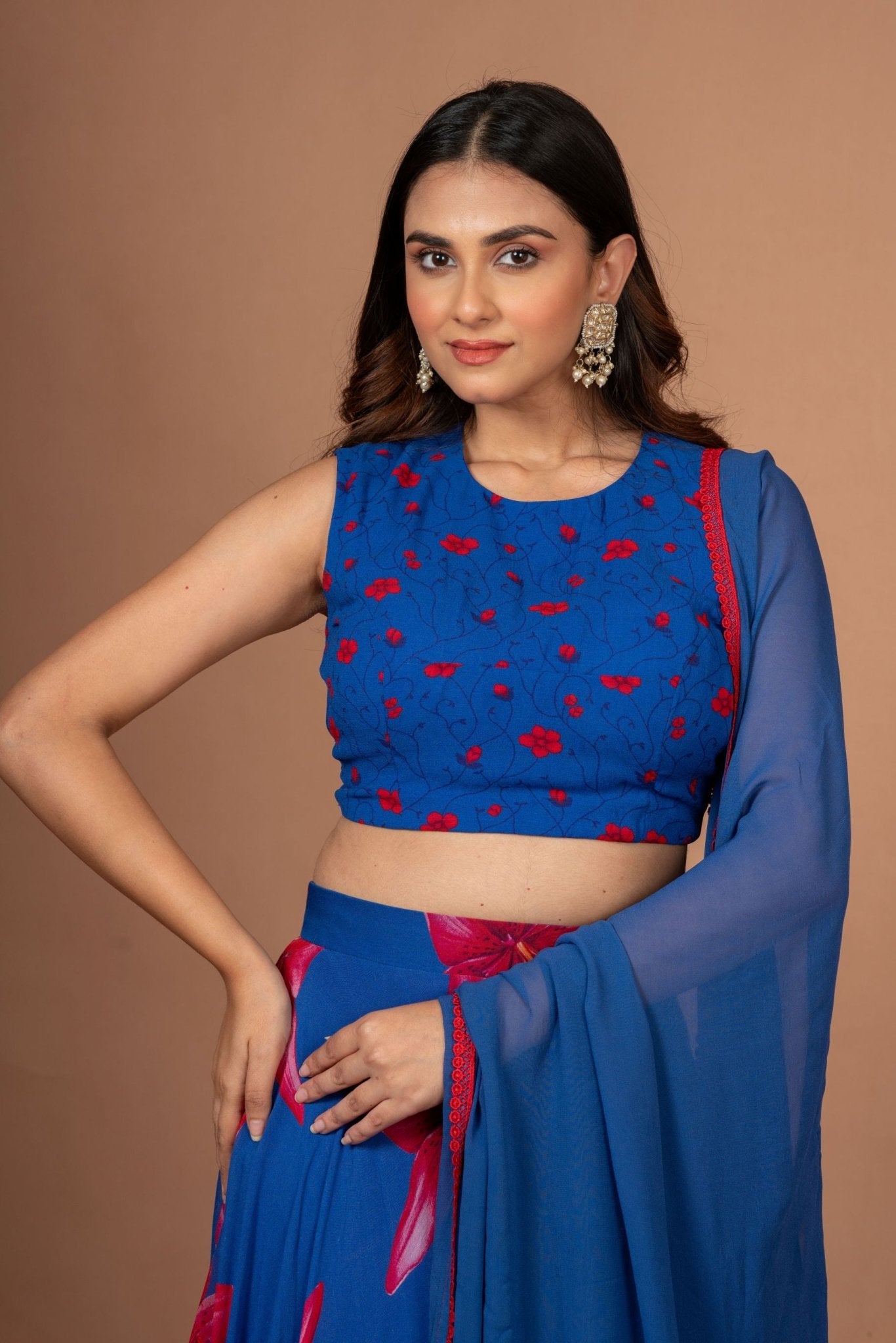 Blue Printed Georgette Lehenga Set - Anvi Couture