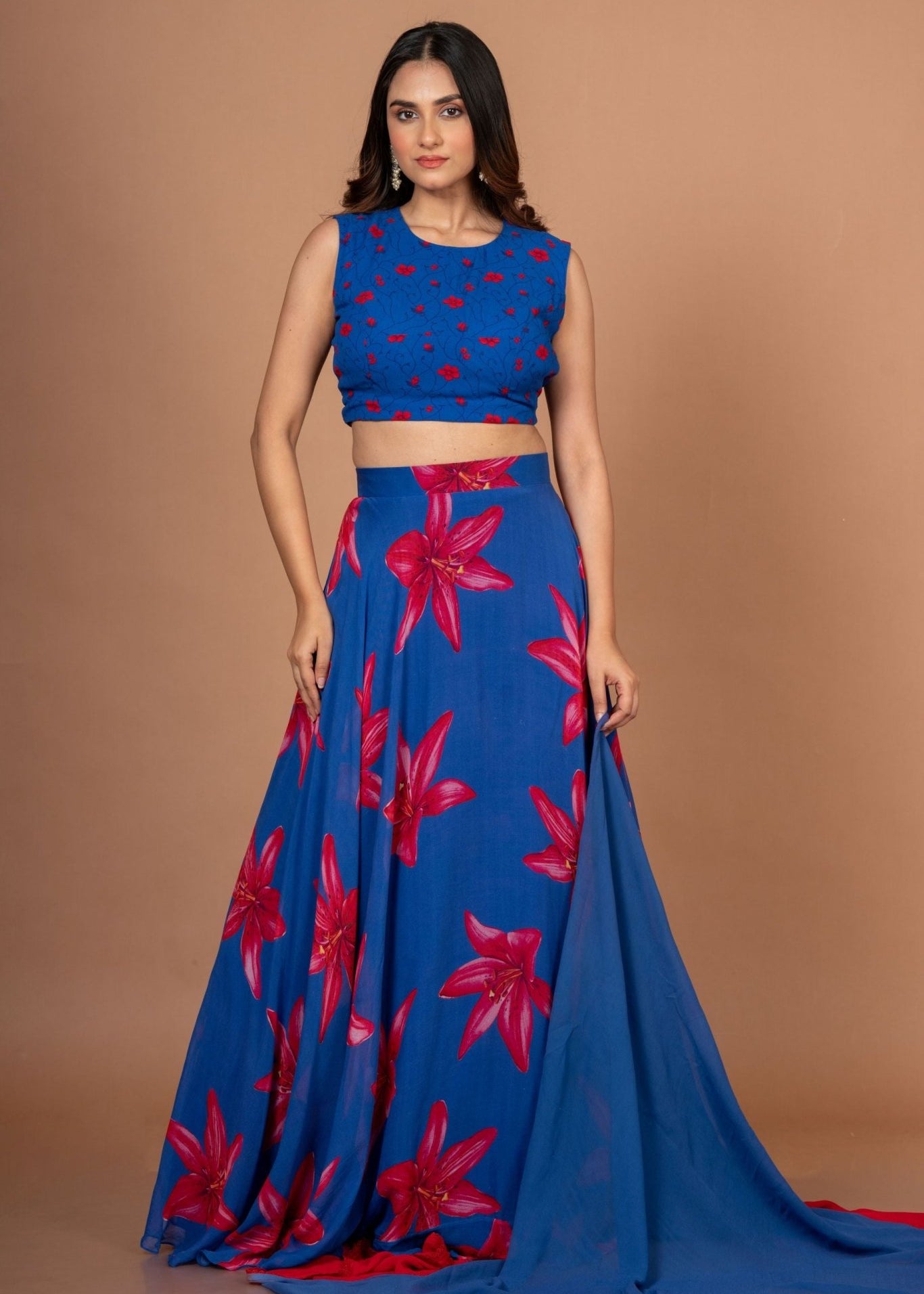 Blue Printed Georgette Lehenga Set - Anvi Couture
