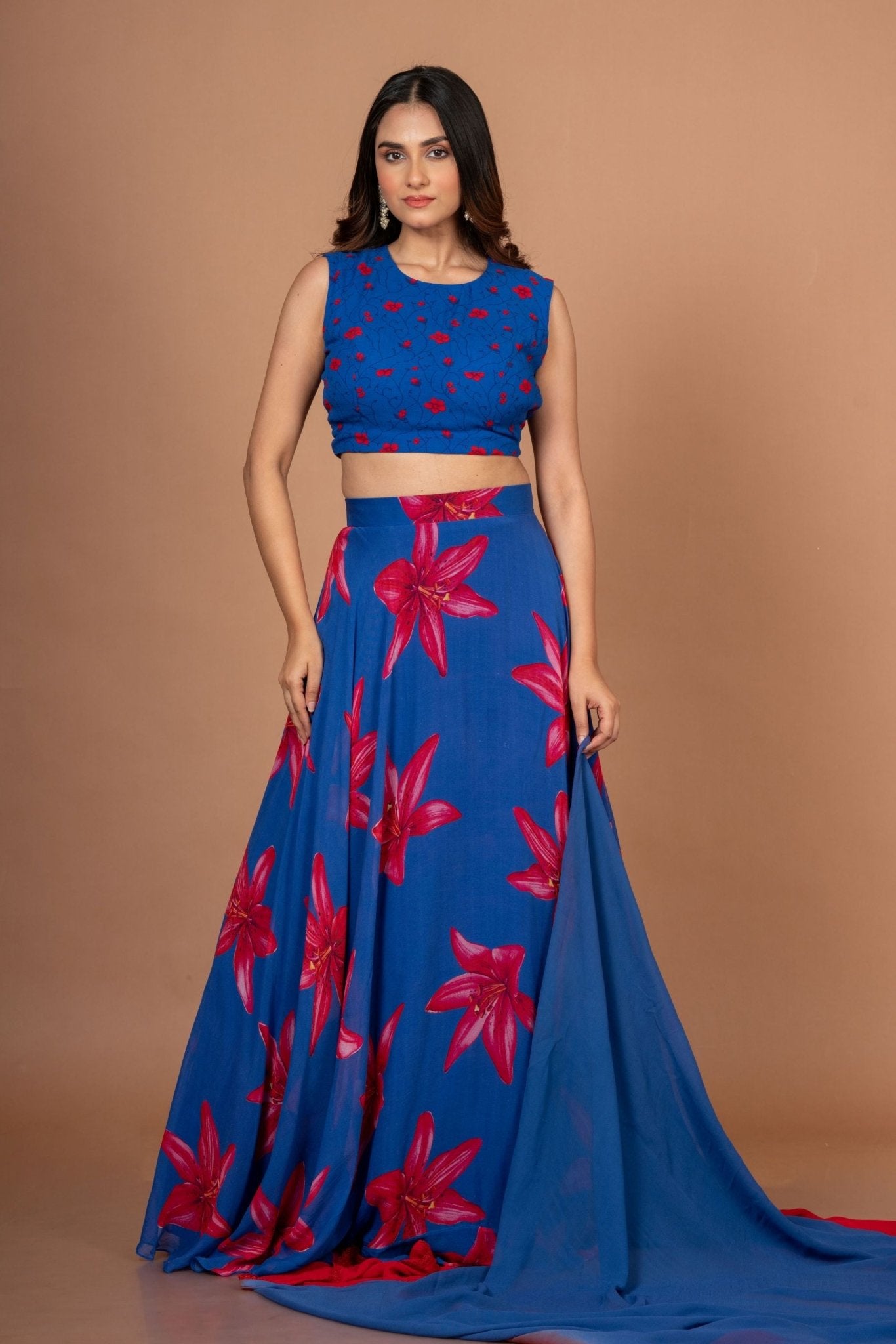 Blue Printed Georgette Lehenga Set - Anvi Couture