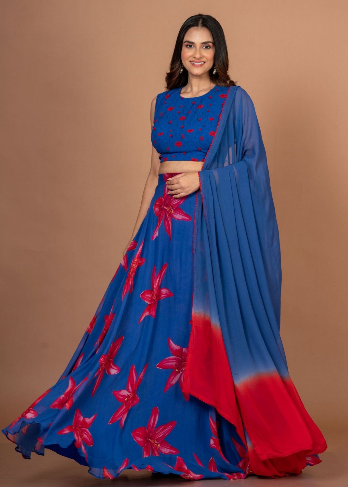 Blue Printed Georgette Lehenga Set - Anvi Couture