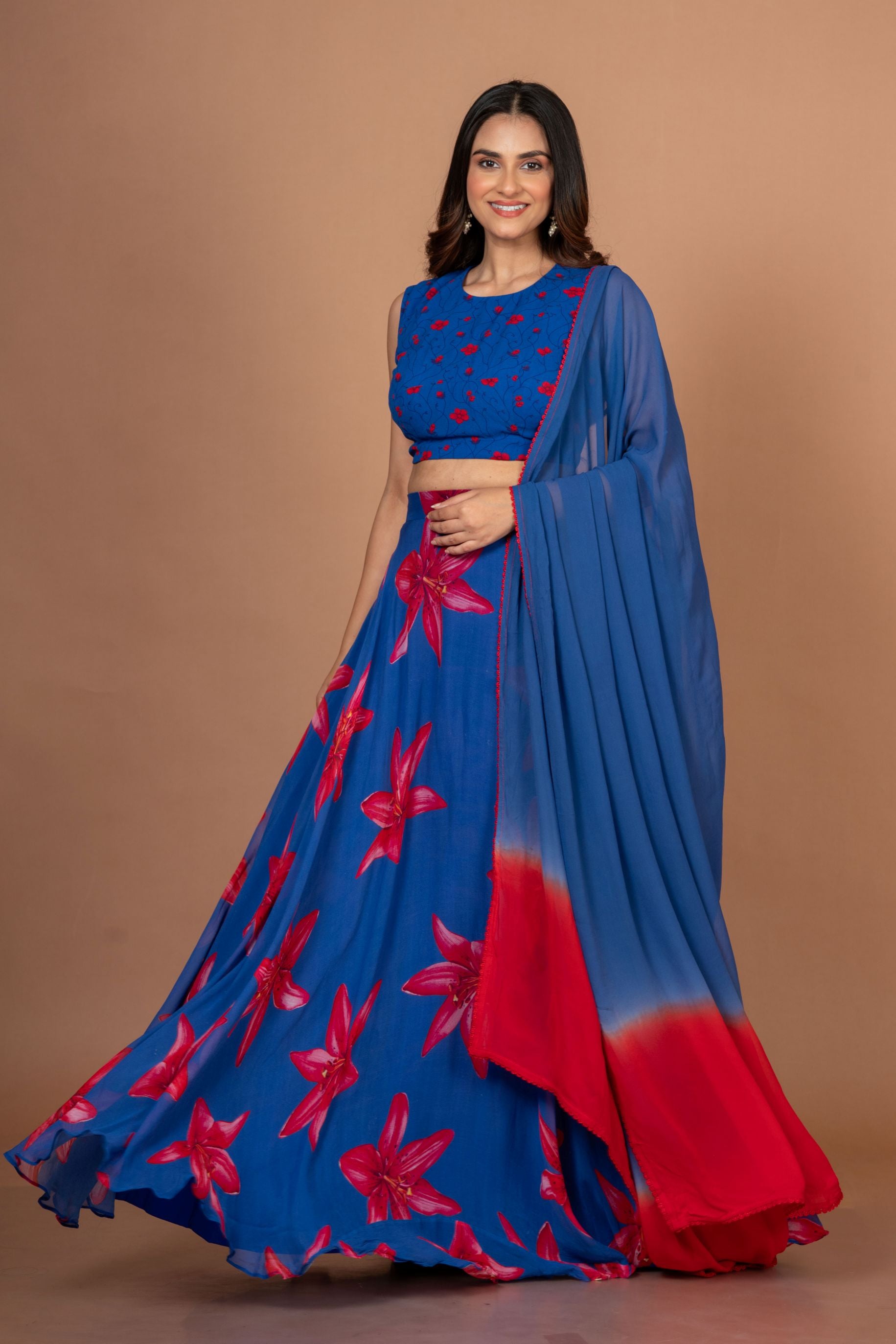 Blue Printed Georgette Lehenga Set Front
