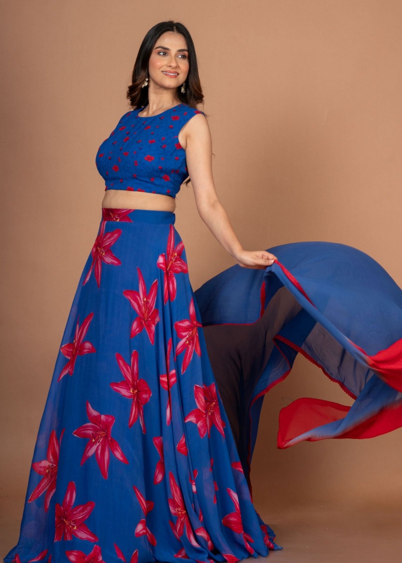 Blue Printed Georgette Lehenga Set - Anvi Couture