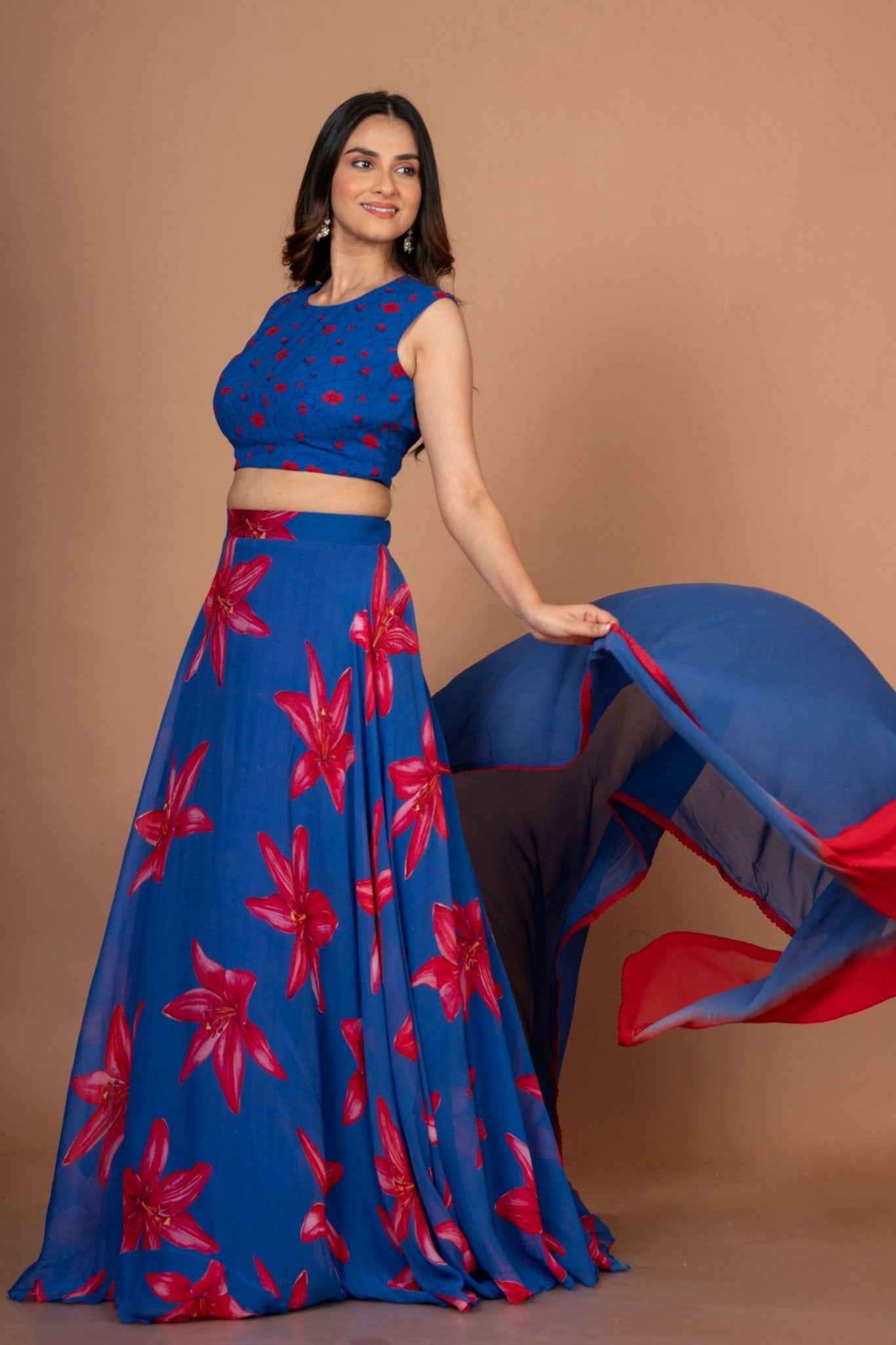 Blue Printed Georgette Lehenga Set - Anvi Couture