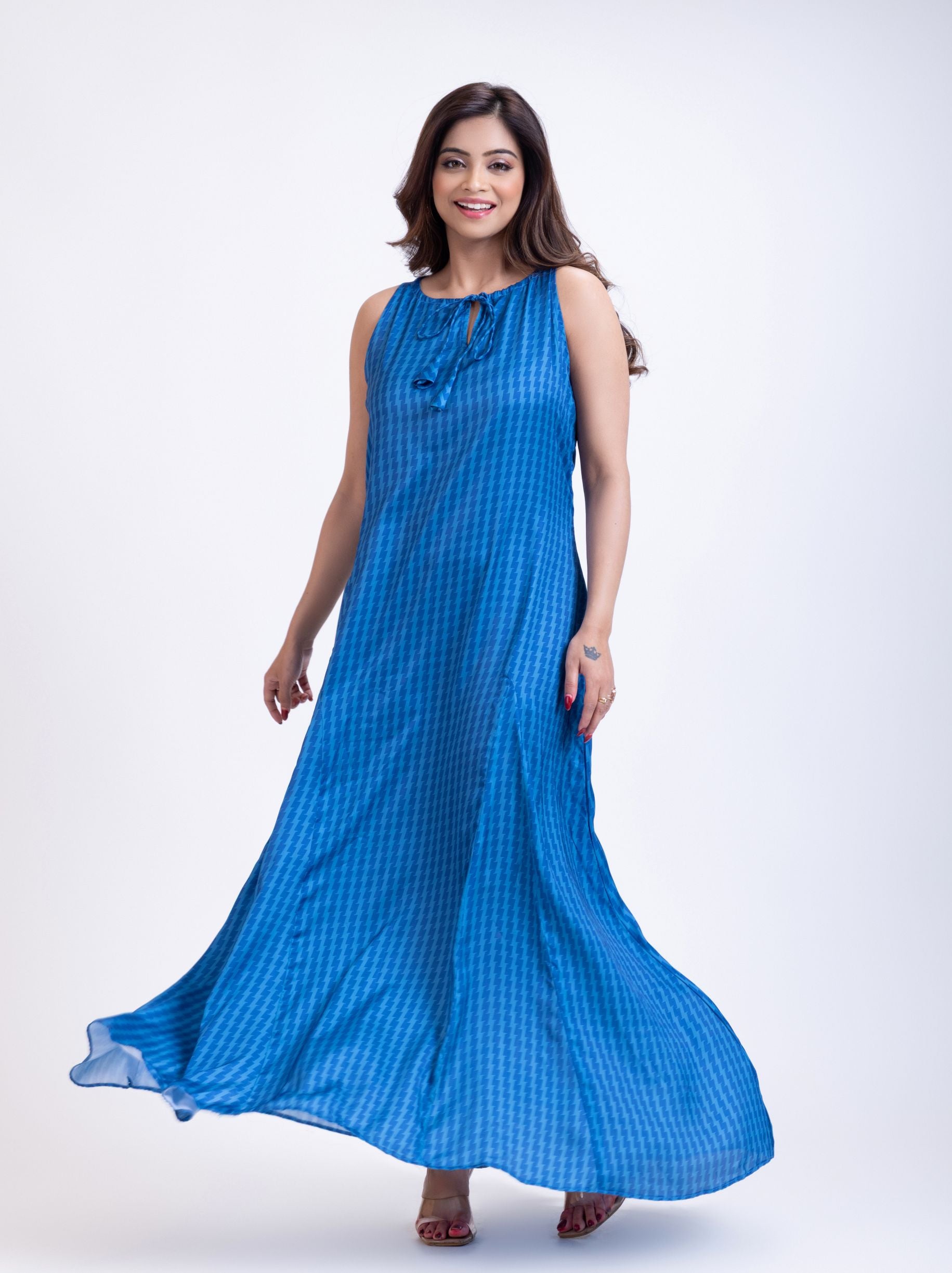 Blue Printed Maxi Gown long Dress front