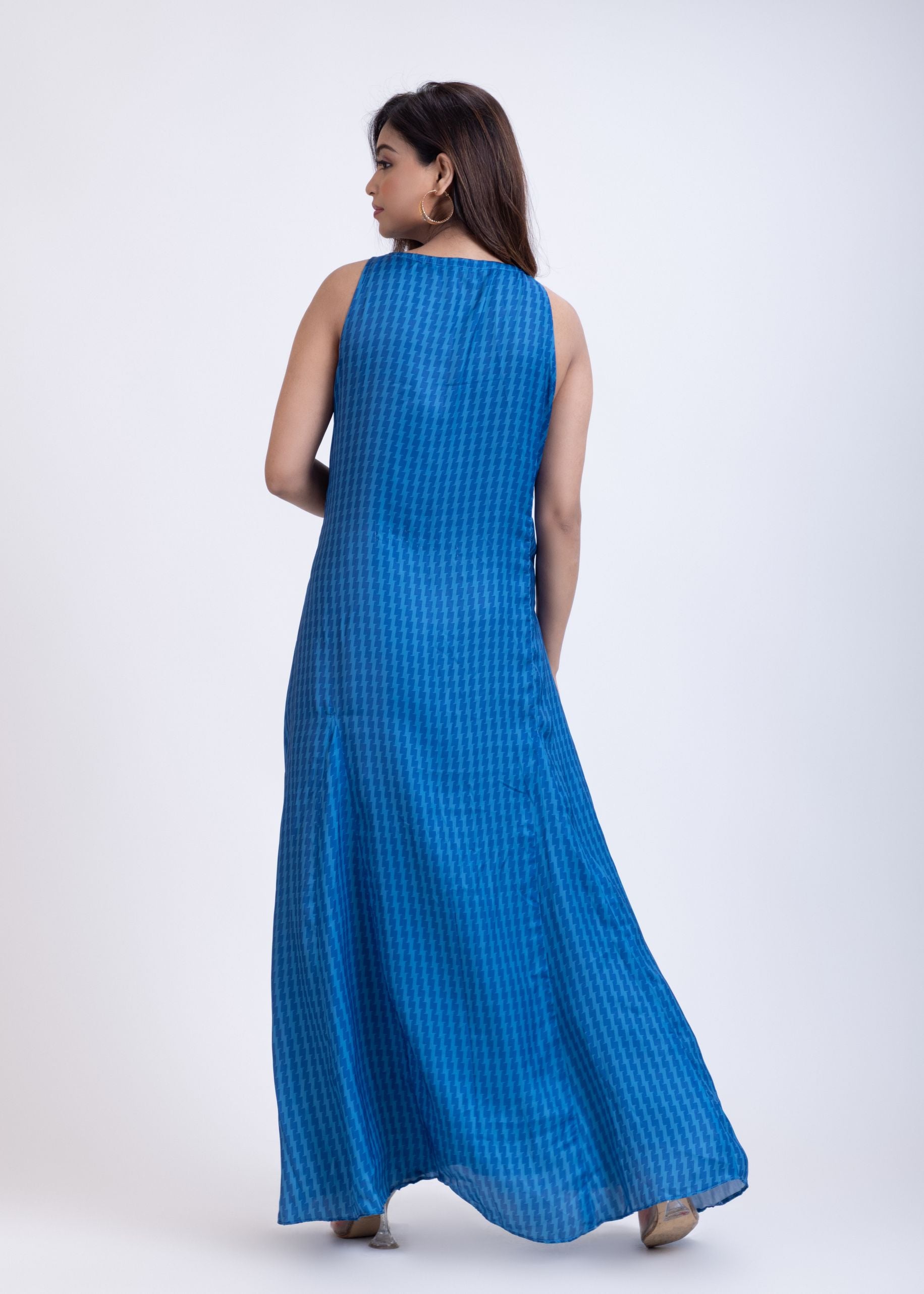 Blue Printed Maxi Gown long Dress back