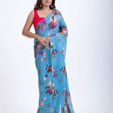 Blue Pure Georgette Saree with Elegant Floral Print Full