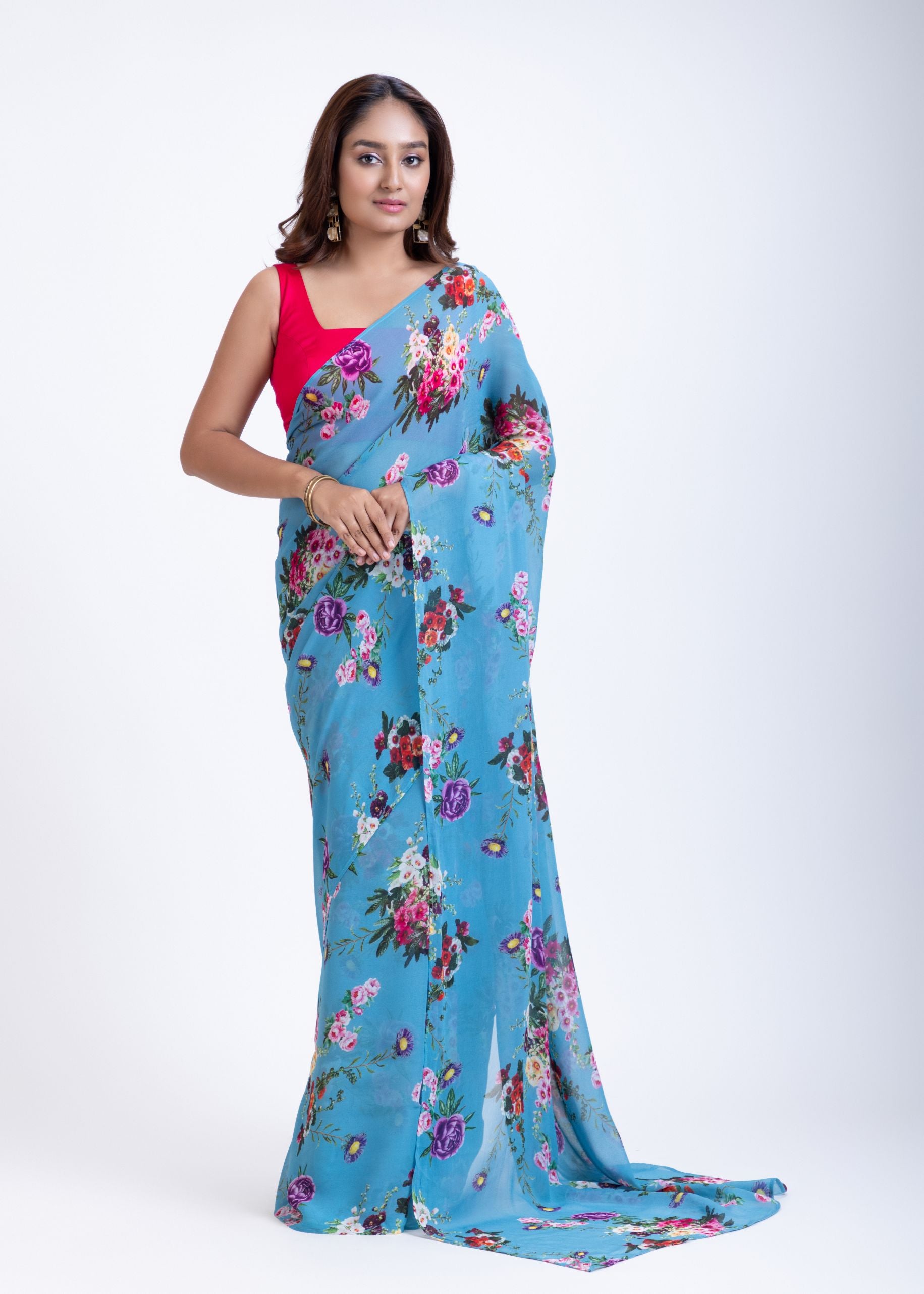Blue Pure Georgette Saree with Elegant Floral Print Full